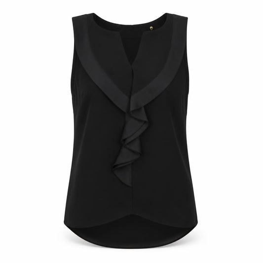 Front view of H&M women’s black polyester basic blouse, size UK 8, v-neck - ruffle