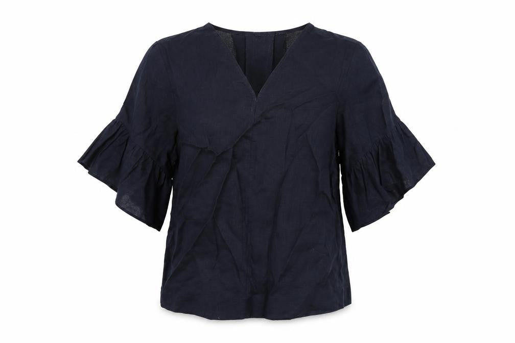 Front view of Autograph women’s blue linen basic blouse, size UK 6, v-neck
