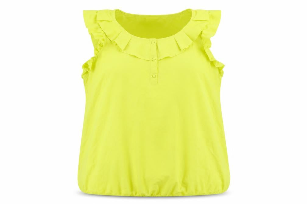 Front view of Debenhams women’s yellow polyester basic blouse, size UK 16, boat neck - ruffle