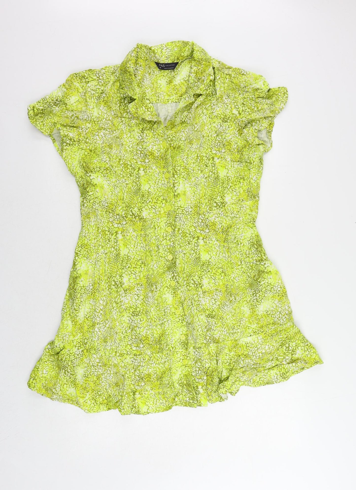 Marks and Spencer Womens Yellow Animal Print Viscose Shirt Dress Size 16 Collared Button