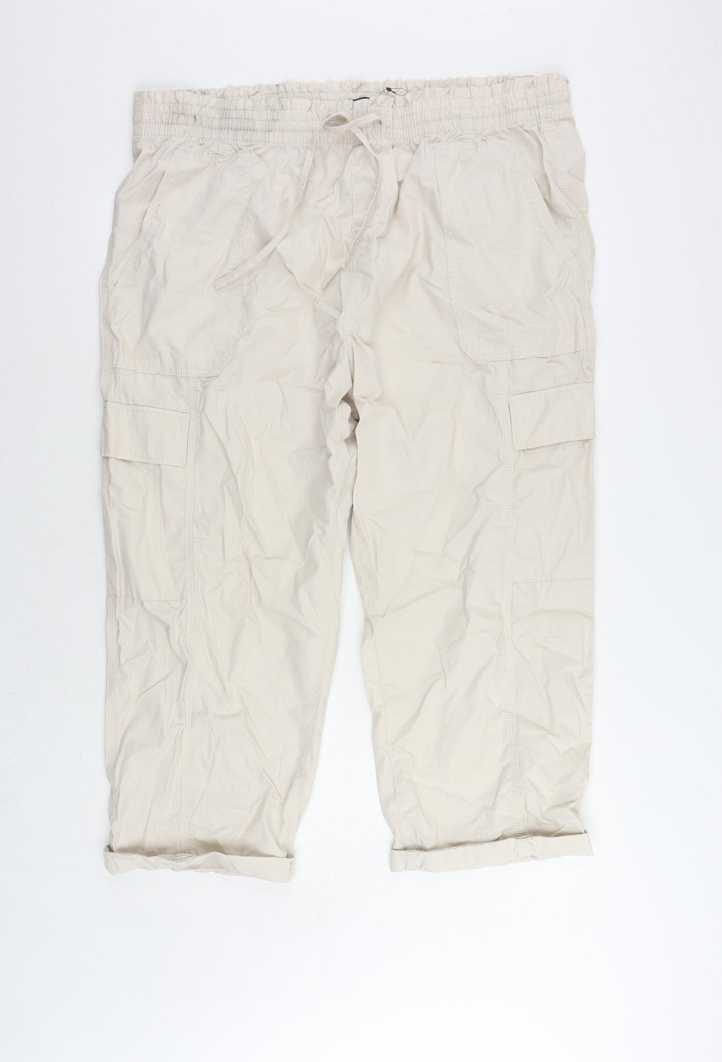Marks and Spencer Womens Beige Cotton Cargo Trousers Size 20 L24 in Regular - Elastic Waist