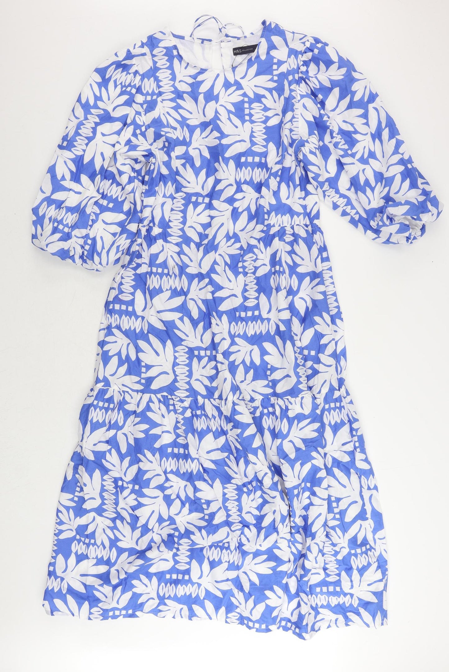 Marks and Spencer Womens Blue Geometric Cotton Maxi Size 10 Round Neck Tie
