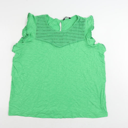 Marks and Spencer Womens Green Cotton Basic Blouse Size 24 Round Neck - Ruffle