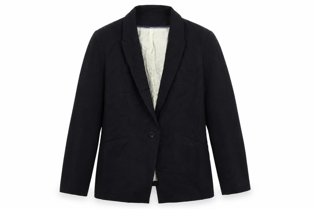 Front view of Marks & Spencer women’s blue jacket blazer, size UK 16, button