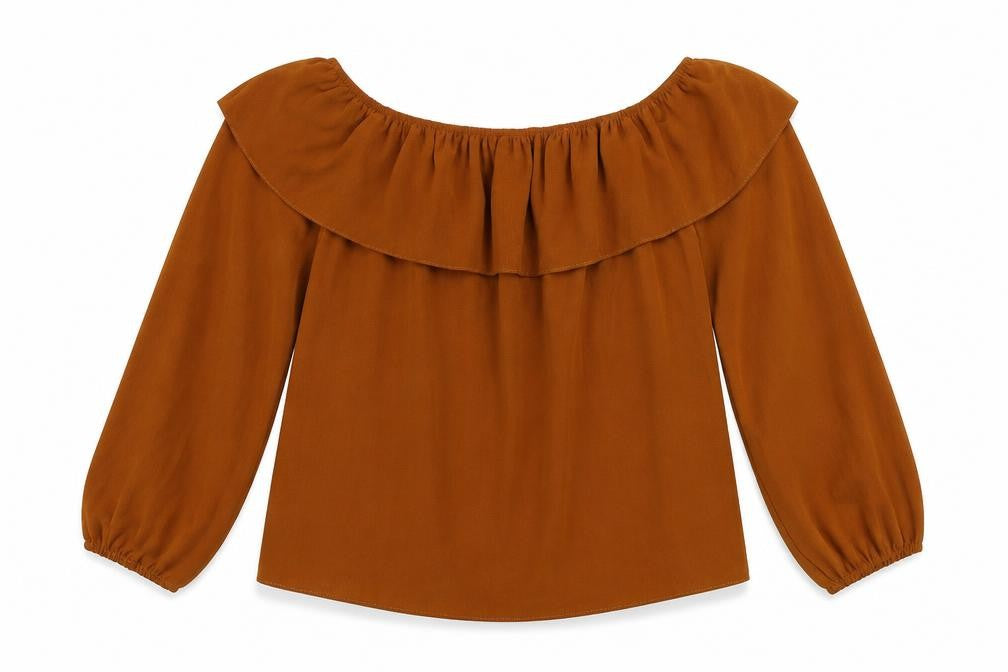 Front view of New Look women’s brown polyester basic blouse, size UK 16, off the shoulder - ruffle
