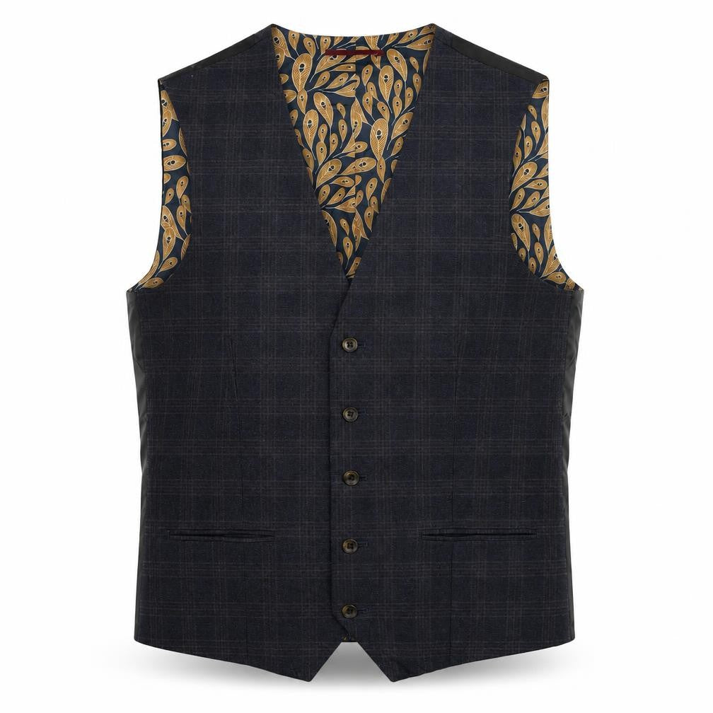 Front view of Next men’s blue plaid polyester jacket suit waistcoat, size 40, regular