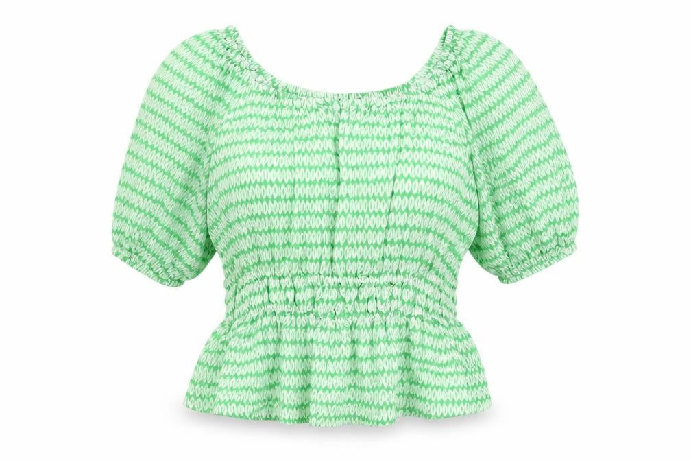 Front view of Marks & Spencer women’s green geometric viscose basic blouse, size UK 16, off the shoulder