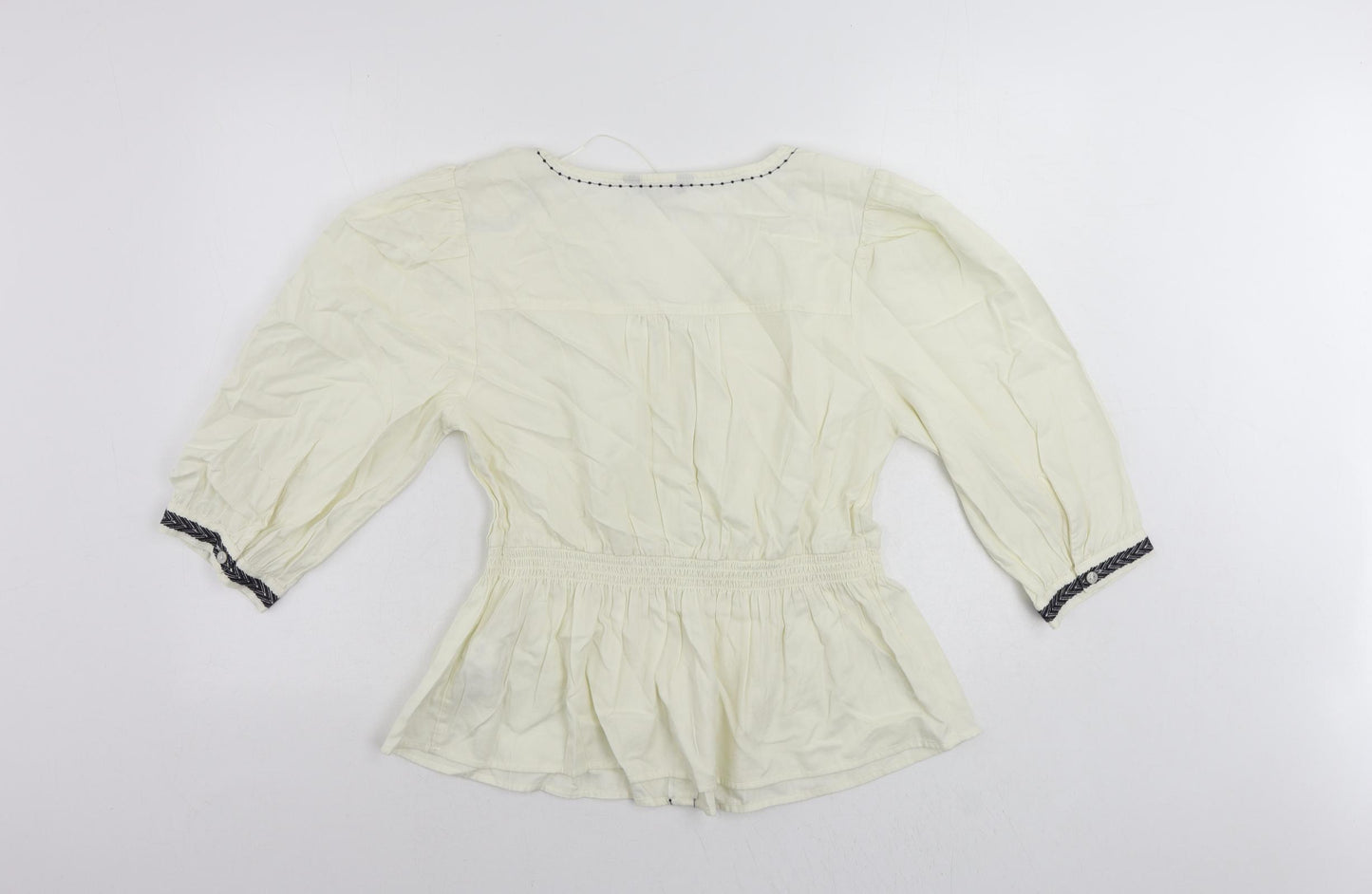 Marks and Spencer Womens Ivory Cotton Basic Blouse Size 16 V-Neck - Embroidered