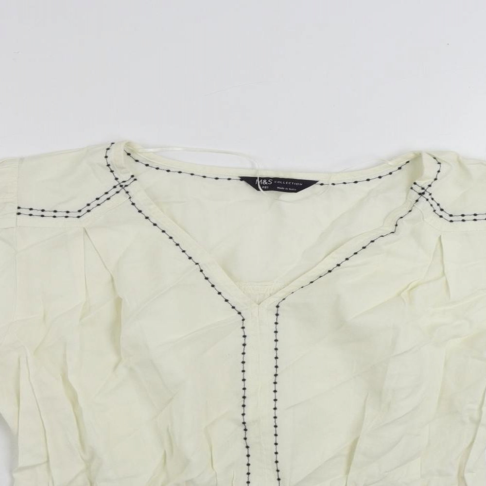 Marks and Spencer Womens Ivory Cotton Basic Blouse Size 16 V-Neck - Embroidered