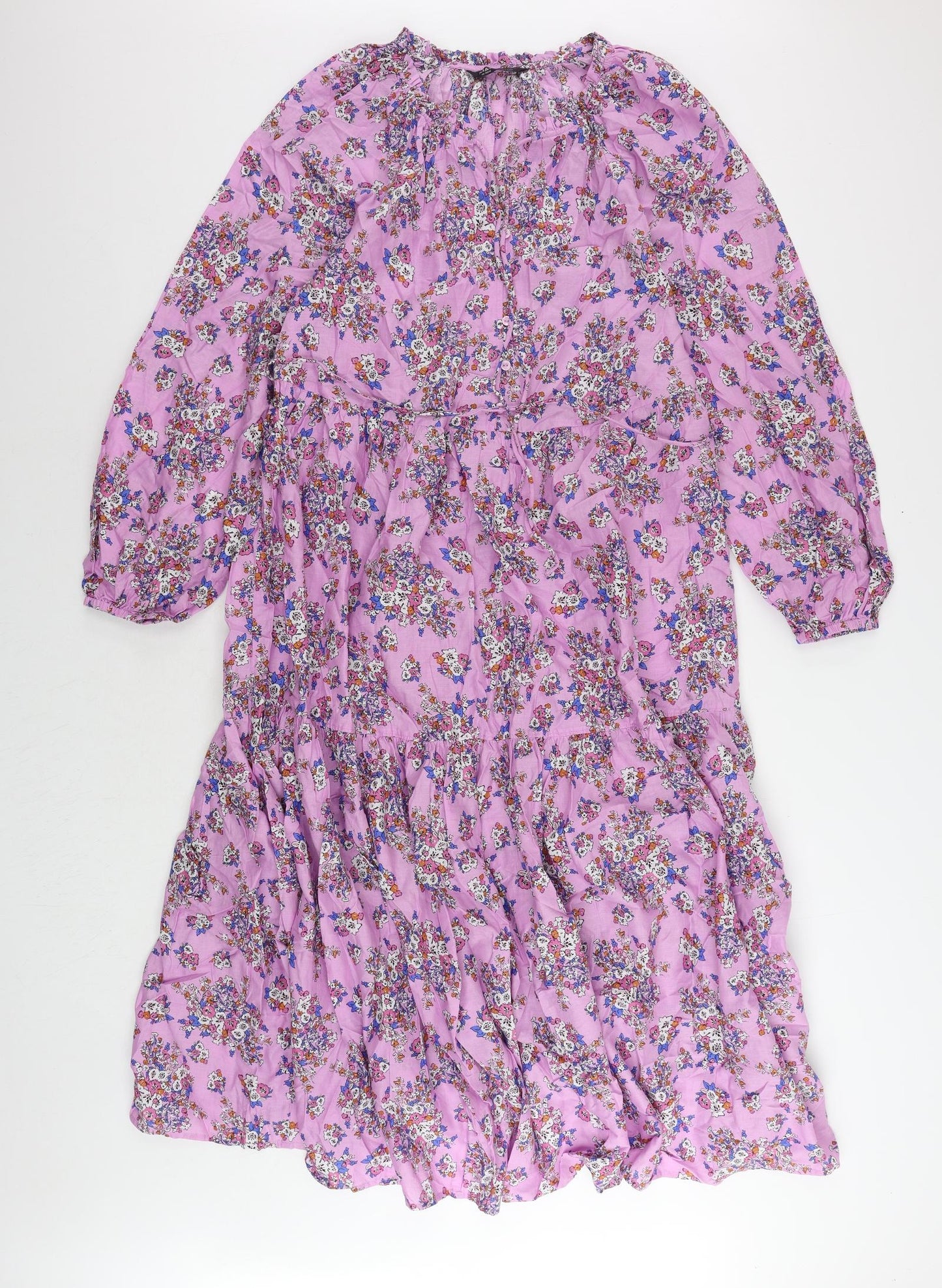 Marks and Spencer Womens Purple Floral Cotton Maxi Size 12 V-Neck Button