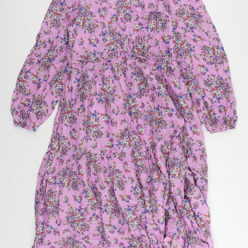 Marks and Spencer Womens Purple Floral Cotton Maxi Size 12 V-Neck Button
