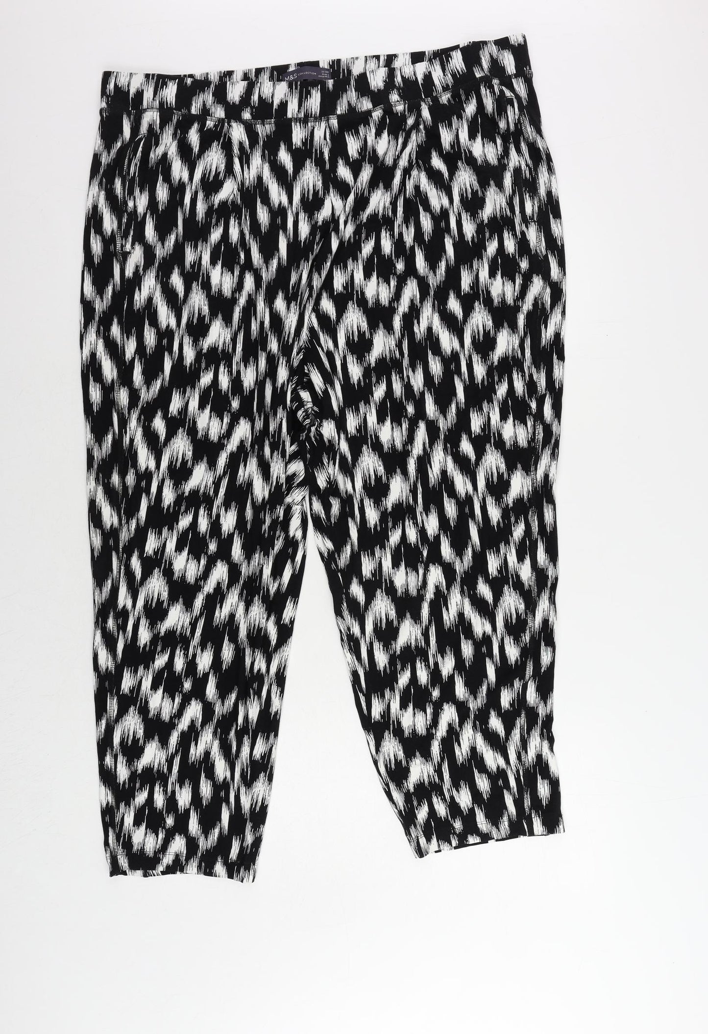 Marks and Spencer Womens Black Geometric Viscose Jogger Trousers Size 22 L26 in Regular - Elastic Waist