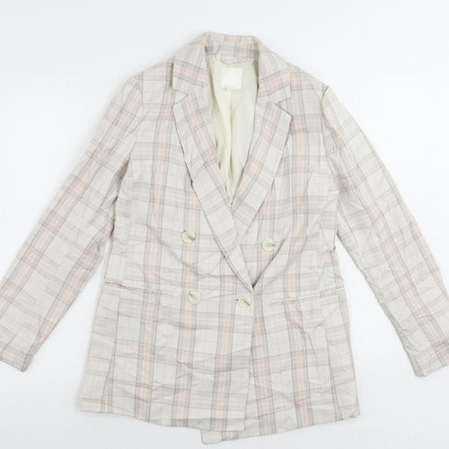 H&M Womens Beige Plaid Jacket Blazer Size 8 Button