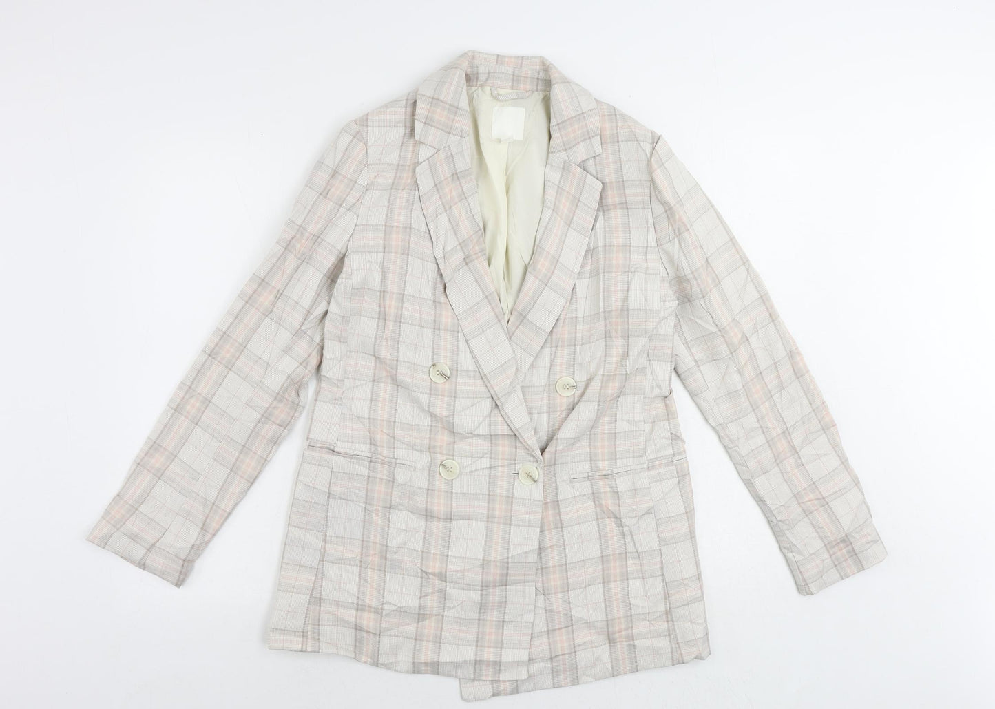 H&M Womens Beige Plaid Jacket Blazer Size 8 Button
