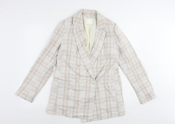H&M Womens Beige Plaid Jacket Blazer Size 8 Button