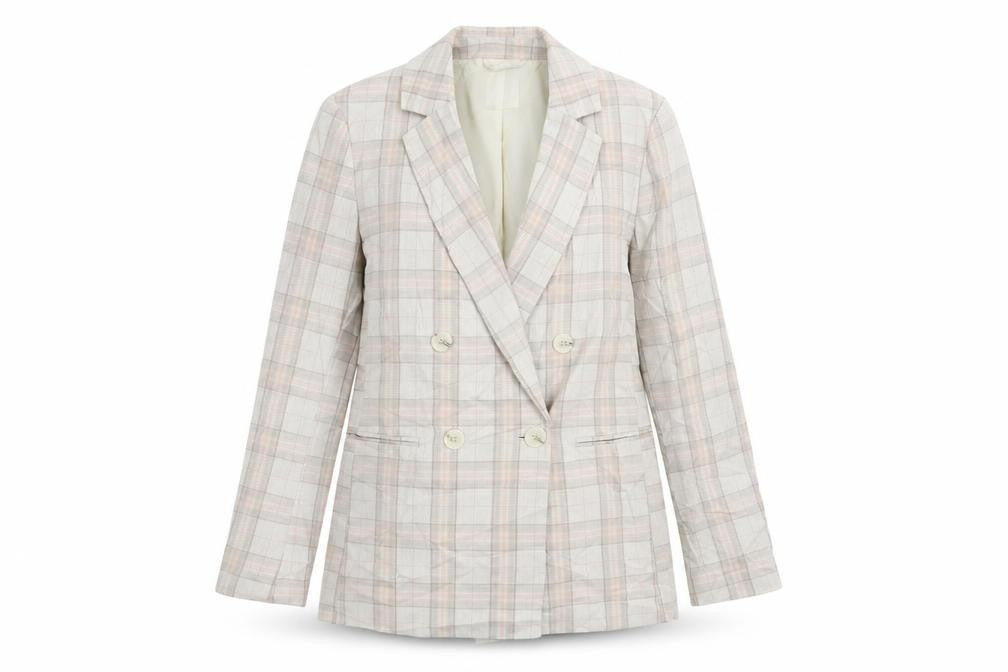 Front view of H&M women’s beige plaid jacket blazer, size UK 8, button