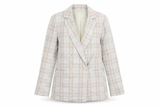Front view of H&M women’s beige plaid jacket blazer, size UK 8, button