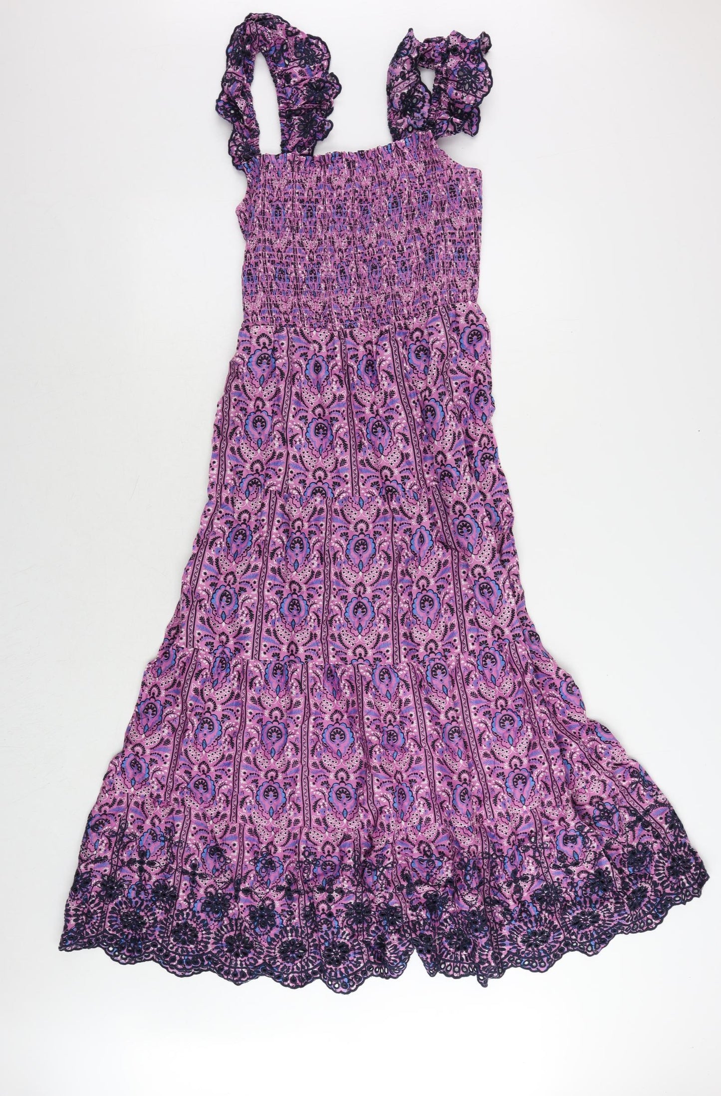 Marks and Spencer Womens Purple Paisley Cotton Maxi Size 8 Square Neck - Embroidered