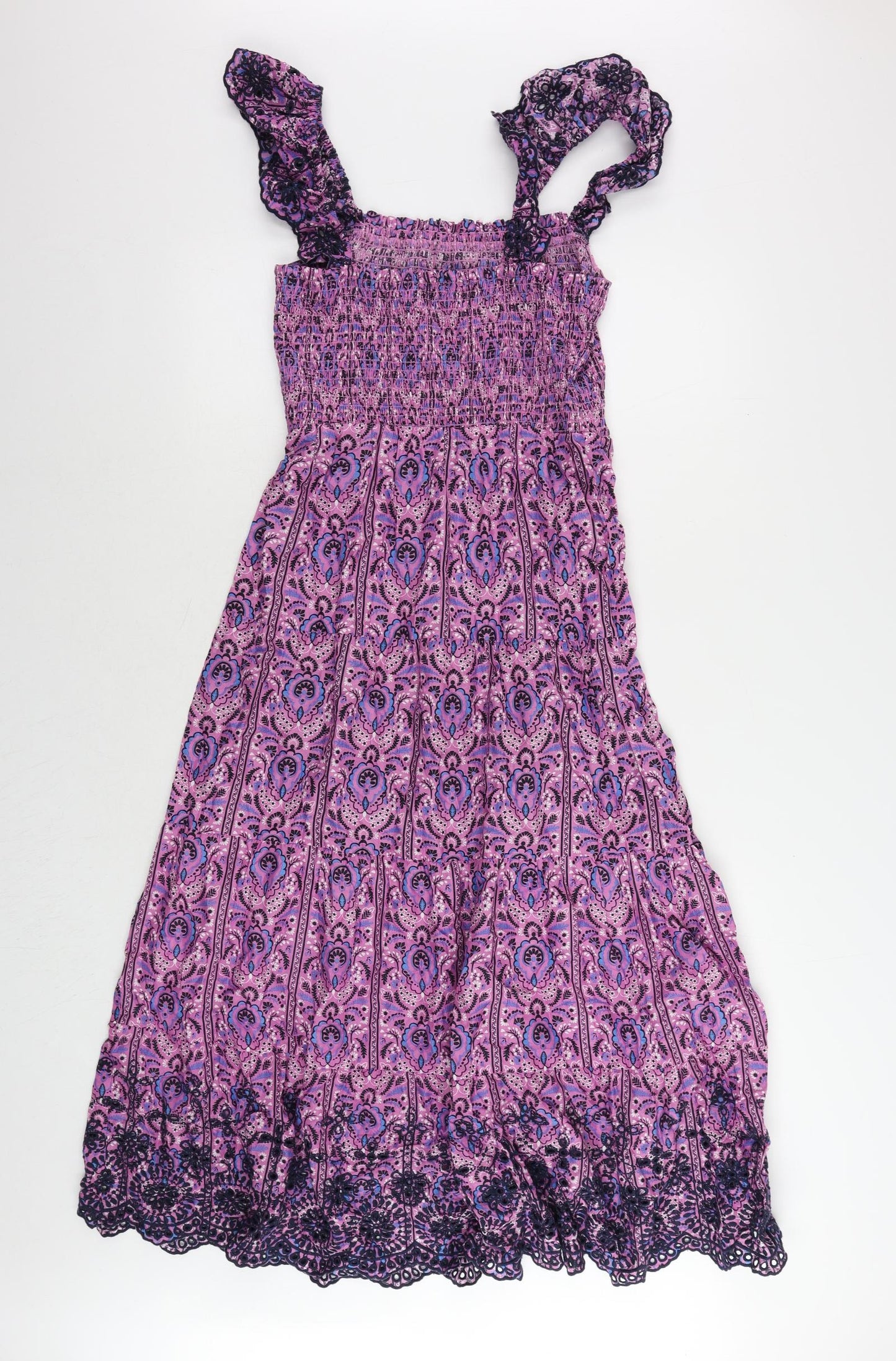 Marks and Spencer Womens Purple Paisley Cotton Maxi Size 8 Square Neck - Embroidered