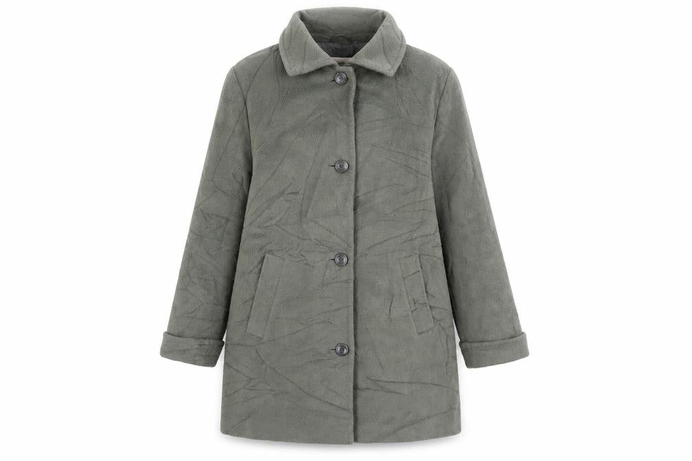 Front view of Marks & Spencer women’s grey overcoat coat, size UK 18, button