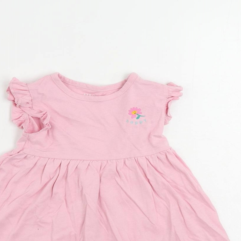 Marks and Spencer Girls Pink Cotton T-Shirt Dress Size 2-3 Years Crew Neck - Happy