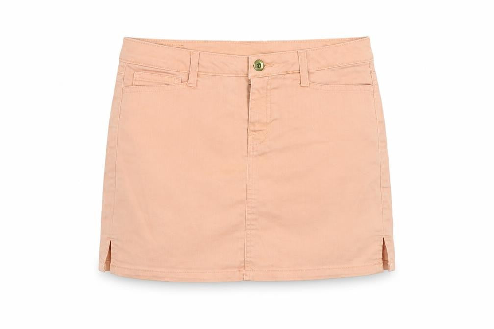 Front view of Vero Moda women’s pink cotton mini skirt, size UK 10, button