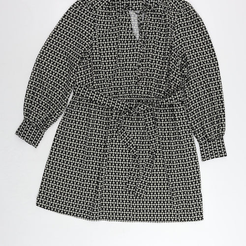 Marks and Spencer Womens Black Geometric Polyester Shirt Dress Size 14 Collared Tie