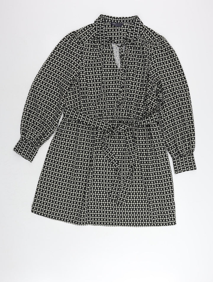 Marks and Spencer Womens Black Geometric Polyester Shirt Dress Size 14 Collared Tie