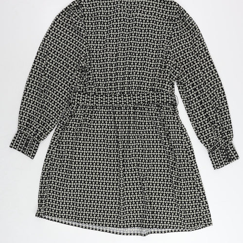 Marks and Spencer Womens Black Geometric Polyester Shirt Dress Size 14 Collared Tie