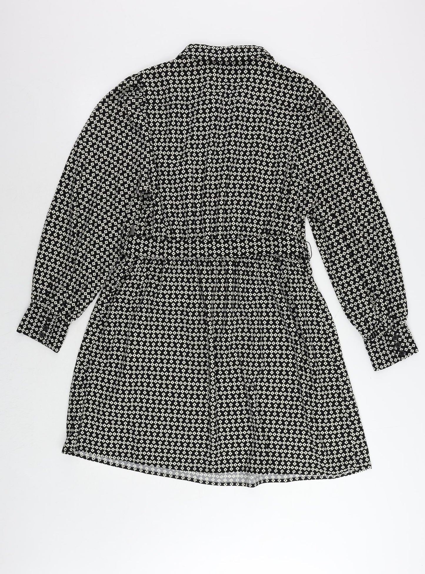 Marks and Spencer Womens Black Geometric Polyester Shirt Dress Size 14 Collared Tie