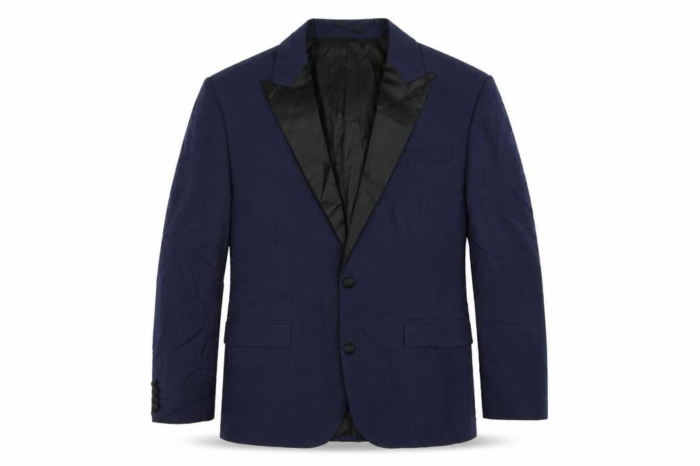 Front view of ASOS men’s blue polyester tuxedo suit jacket, size 42, regular