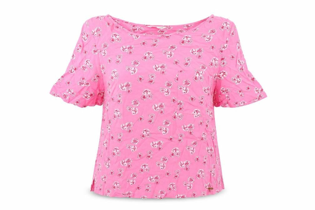 Front view of Marks & Spencer women’s pink floral viscose basic blouse, size UK 12, boat neck