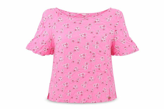Front view of Marks & Spencer women’s pink floral viscose basic blouse, size UK 12, boat neck