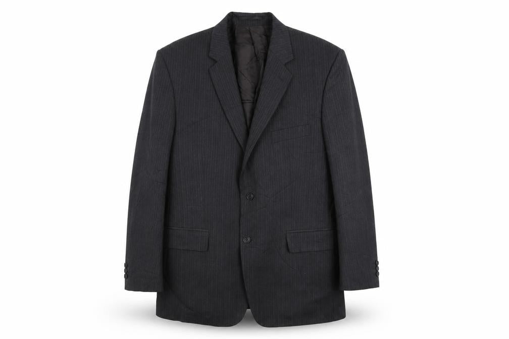 Front view of Sovereign men’s grey striped wool jacket suit jacket, size 44, regular