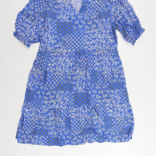 Marks and Spencer Womens Blue Floral Viscose A-Line Size 16 V-Neck Pullover
