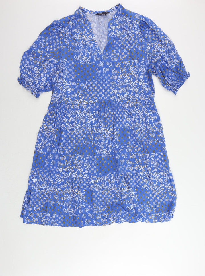 Marks and Spencer Womens Blue Floral Viscose A-Line Size 16 V-Neck Pullover