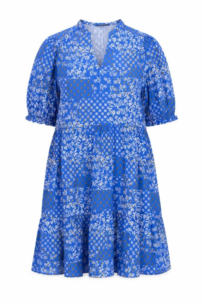 Front view of Marks & Spencer women’s blue floral viscose a-line, size UK 16, v-neck pullover