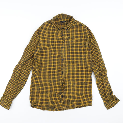New Look Mens Yellow Plaid Cotton Button-Up Size S Collared Button
