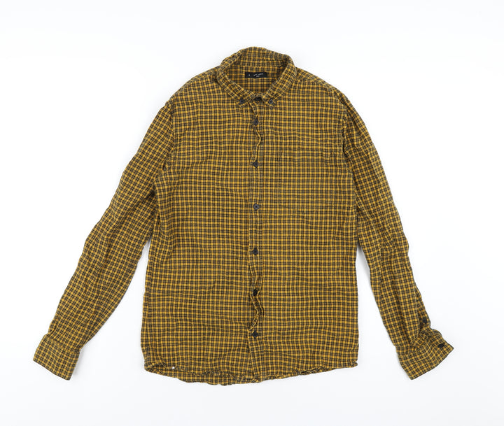 New Look Mens Yellow Plaid Cotton Button-Up Size S Collared Button