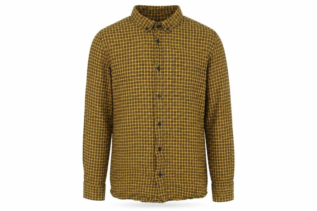Front view of New Look men’s yellow plaid cotton button-up, size S, collared button