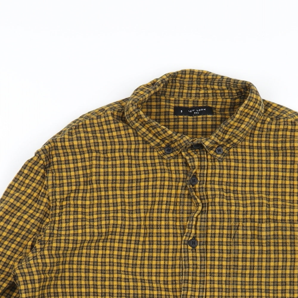 New Look Mens Yellow Plaid Cotton Button-Up Size S Collared Button