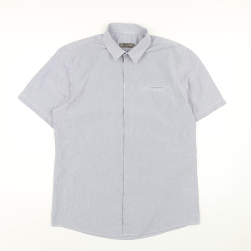 Jeff Banks Mens Blue Striped Cotton Button-Up Size L Collared Button