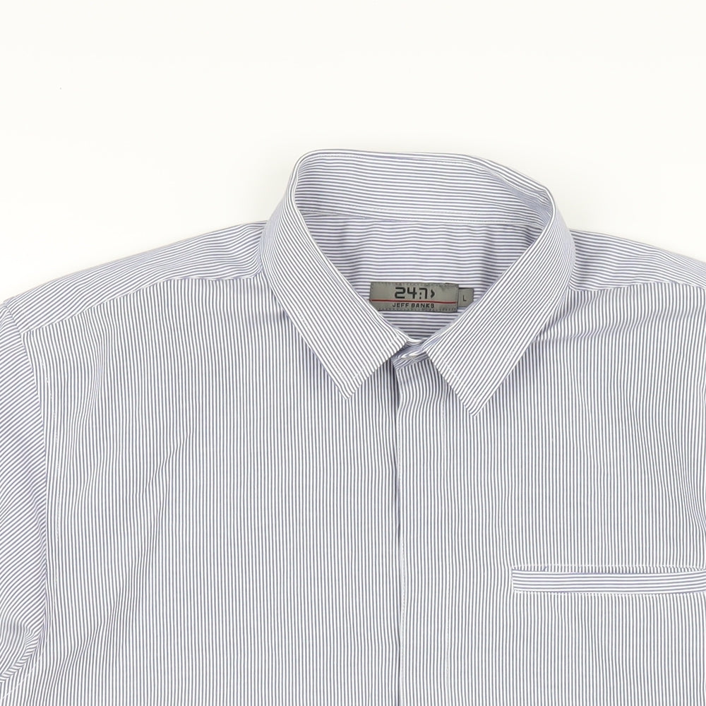 Jeff Banks Mens Blue Striped Cotton Button-Up Size L Collared Button