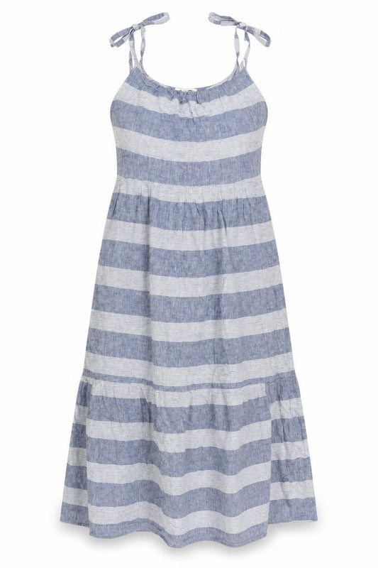 Front view of Beach Lunch Lounge women’s blue striped linen a-line, size M, scoop neck pullover