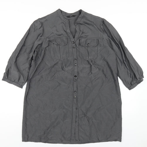 Marks and Spencer Womens Grey Striped Viscose Basic Button-Up Size 14 V-Neck