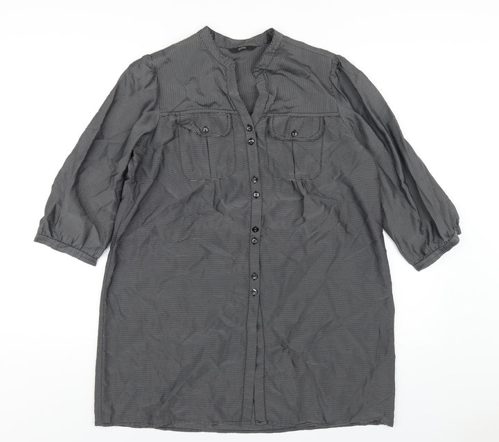 Marks and Spencer Womens Grey Striped Viscose Basic Button-Up Size 14 V-Neck