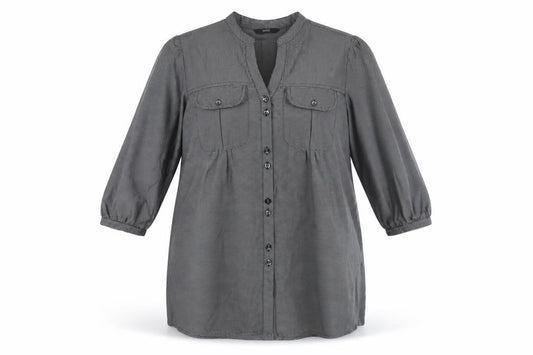 Front view of Marks & Spencer women’s grey striped viscose basic button-up, size UK 14, v-neck