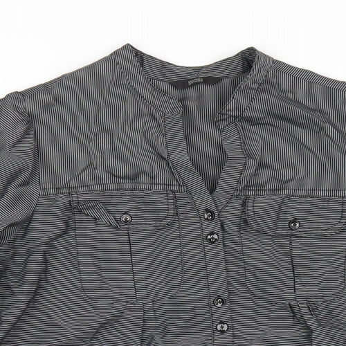 Marks and Spencer Womens Grey Striped Viscose Basic Button-Up Size 14 V-Neck