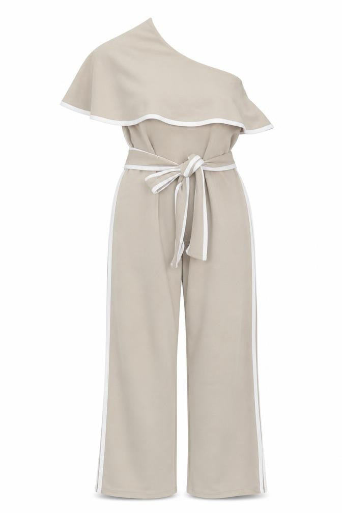 Front view of PRETTYLITTLETHING women’s beige polyester jumpsuit one-piece, size UK 6, 34-inch leg pullover