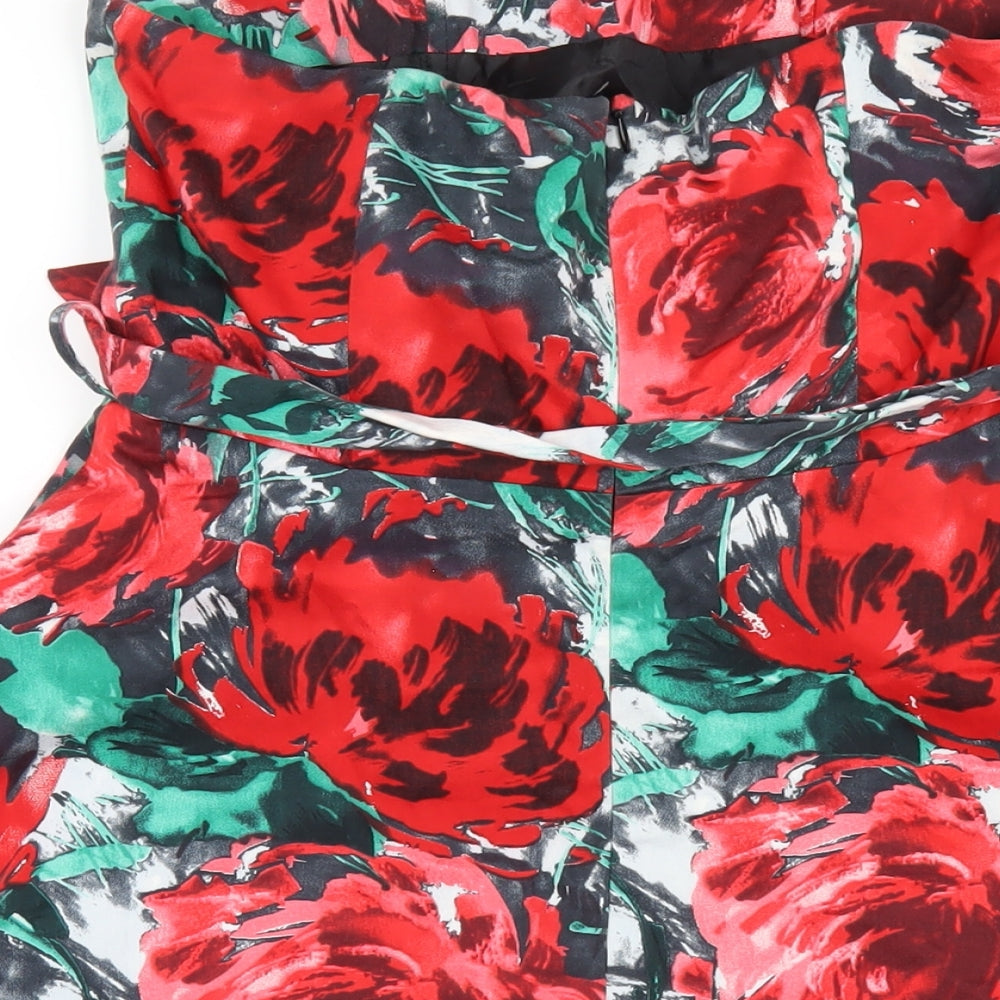 Select Womens Red Floral Cotton Mini Size 12 Square Neck Zip